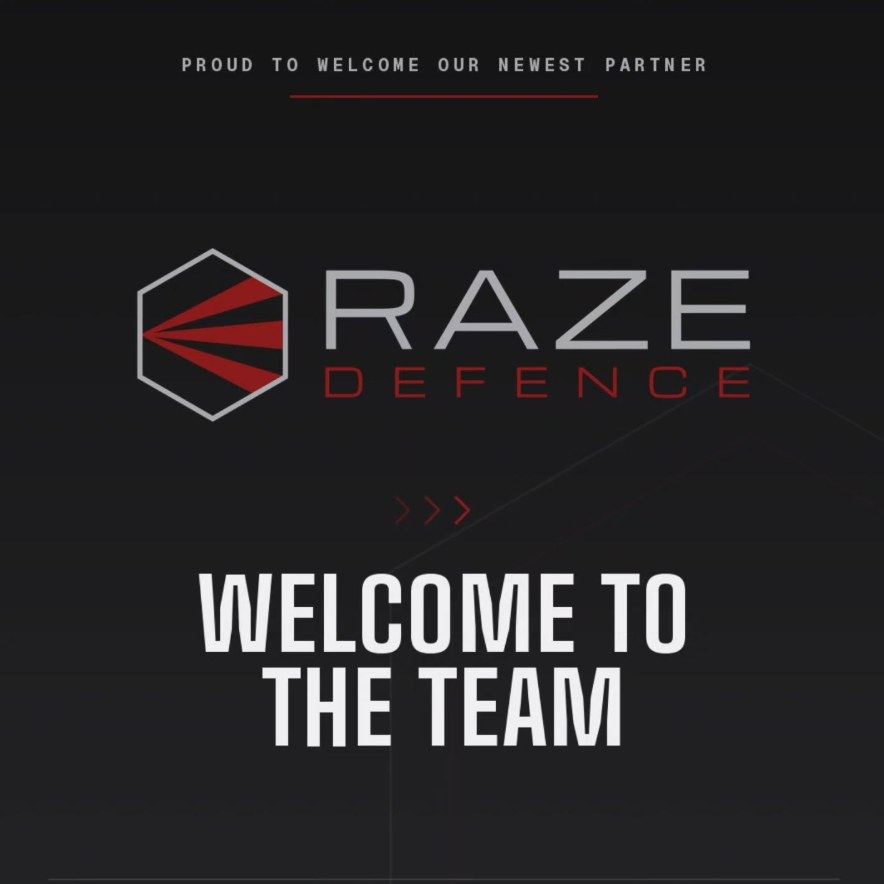 Raze Defence partner announcement graphic: Welcome to the team
